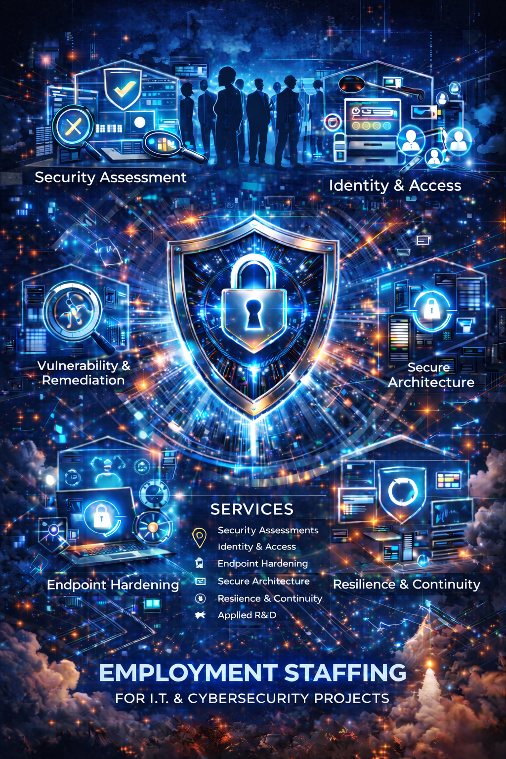 Cybersecurity and IT security services overview icons and diagrams