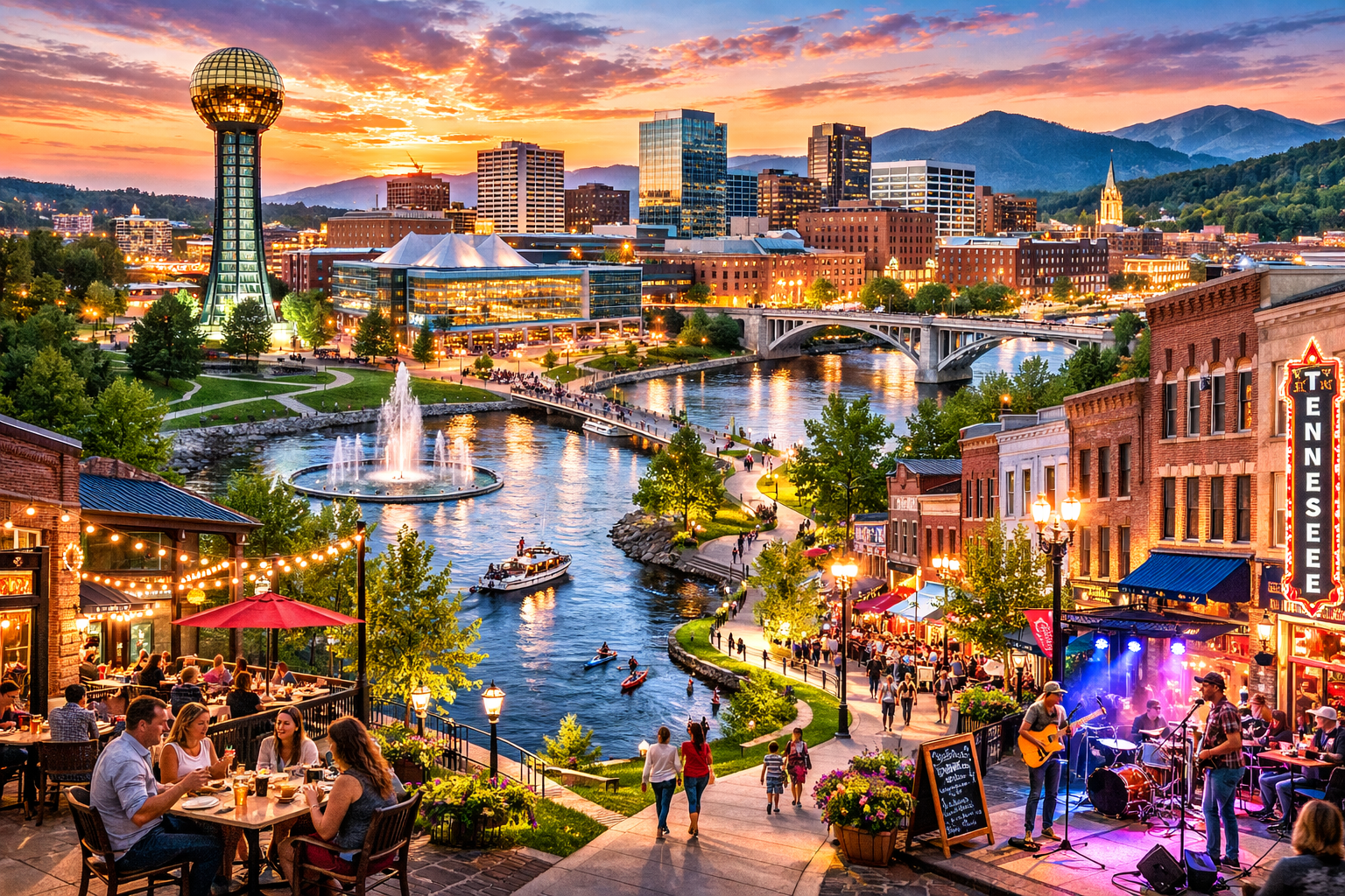 Vibrant Knoxville sunset with riverfront and nightlife